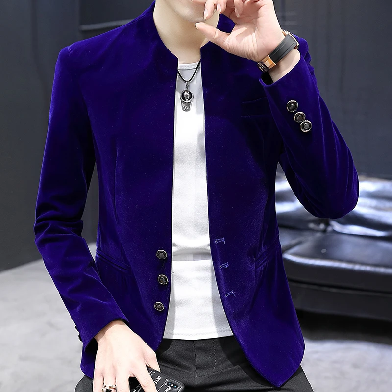 New boutique fashion handsome trend canary velvet small yuan collar suit Korean version slim handsome coat Yuan collar shirt