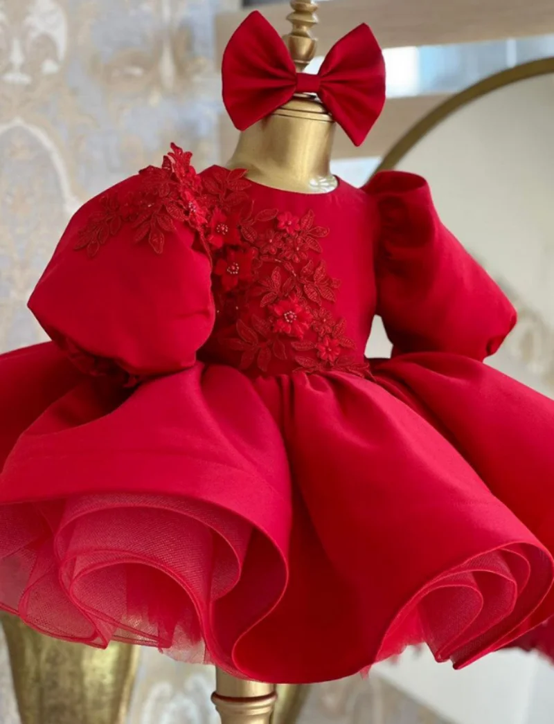 Red Satin Flower Girl Dress For Wedding Lace Puff Sleeve With Bow Birthday Party Kids Christmas Princess Ball Gown