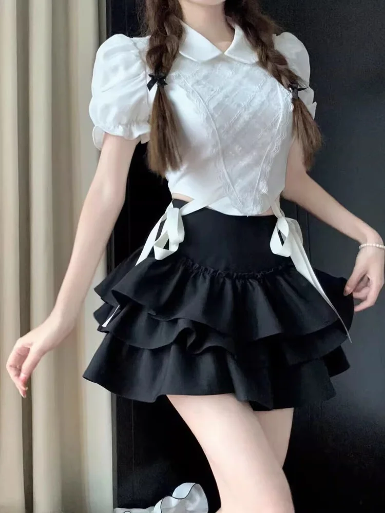 

Korean College Style Skirt Set Sweet Girl Summer Waist-Cinching Top Fluffy Cake Skirt Pure Desire Spicy Two-Piece Women's Outfit