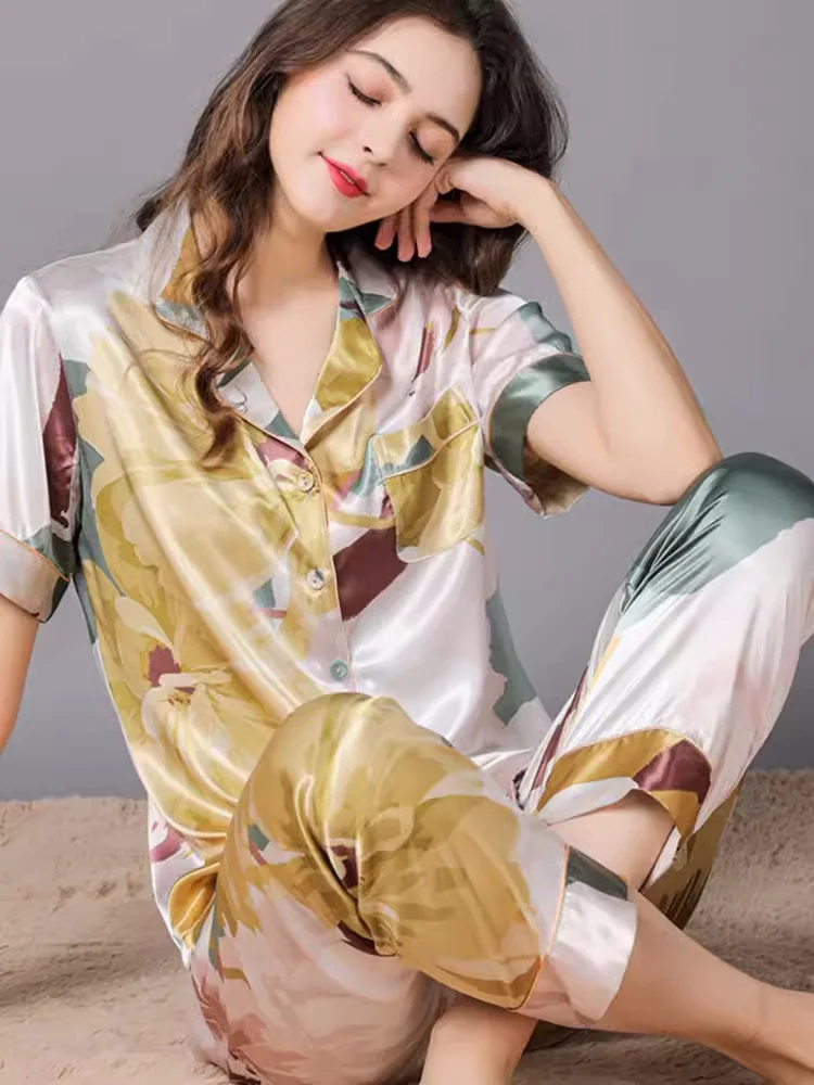 

100% Mulberry Silk Top and Pants Pajama 2 Piece Suit Pyjama Femme Nightwear Leisure Summer Home Wear Set Luxury Silk Loungewear