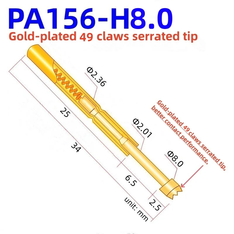 

20/100PCS PA156-H Spring Test Probe Test Pin P156-H Pogo Pin PCB Test Tool 34mm Dia 2.36mm 49-claws Gold-plated Head Dia 8.0mm