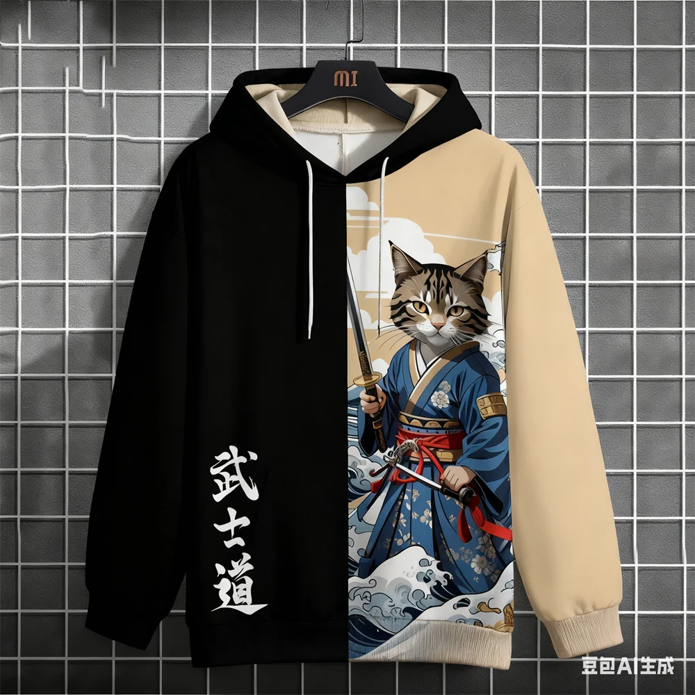 

Bushido Sports Men's Hoodies Funny 3D Samurai Cat Pattern Sweatshirts Autumn and Winter Casual Loose Pullover Street y2k Clothes