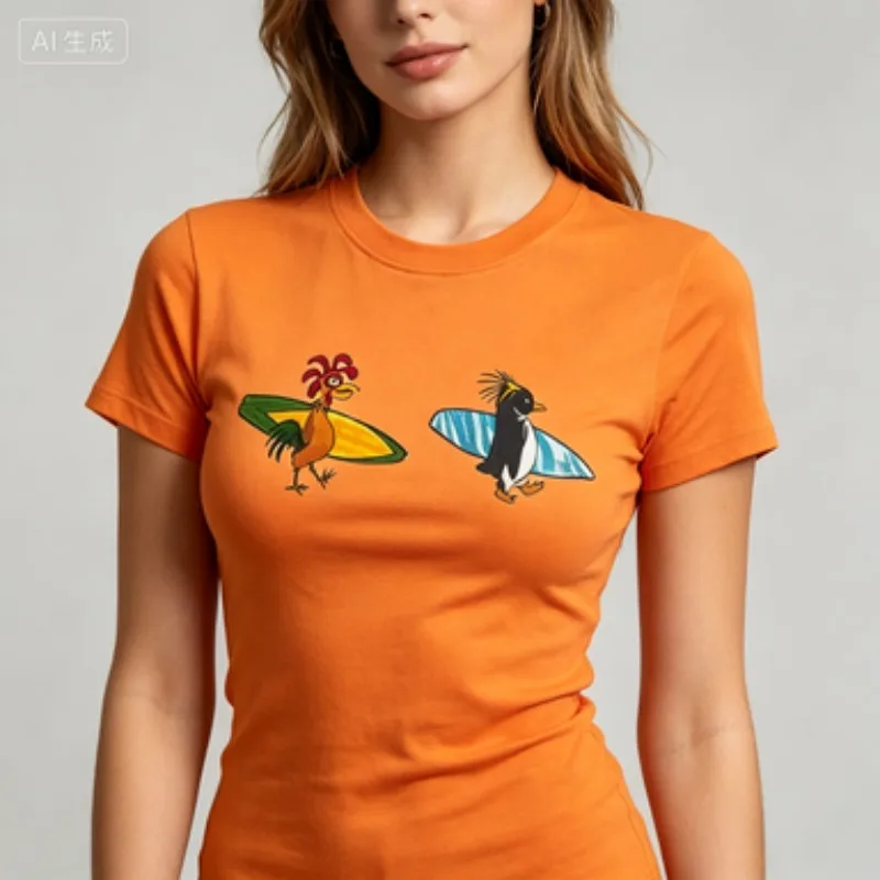 Female Cotton Crew Neck T-Shirt Cute Rooster Penguin With Surfboard Cartoon Print Summer Casual Fashion Tee