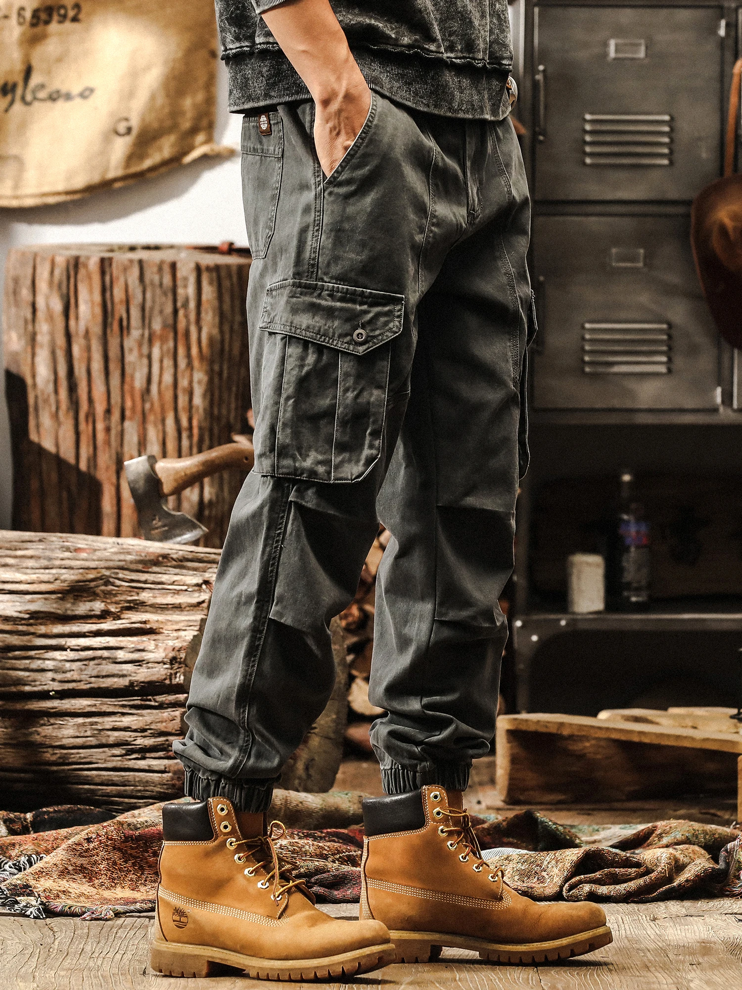 

Американская рабочая одежда в стиле ретро, брюки, мужские свободные брюки, осень 2024, новые повседневные брюки-карго с эластичной резинкой на талии, хлопковая ткань