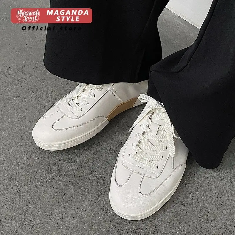 

Top layer cowhide thick soled German training shoes men's white lace up board shoes breathable soft soled casual sports shoes