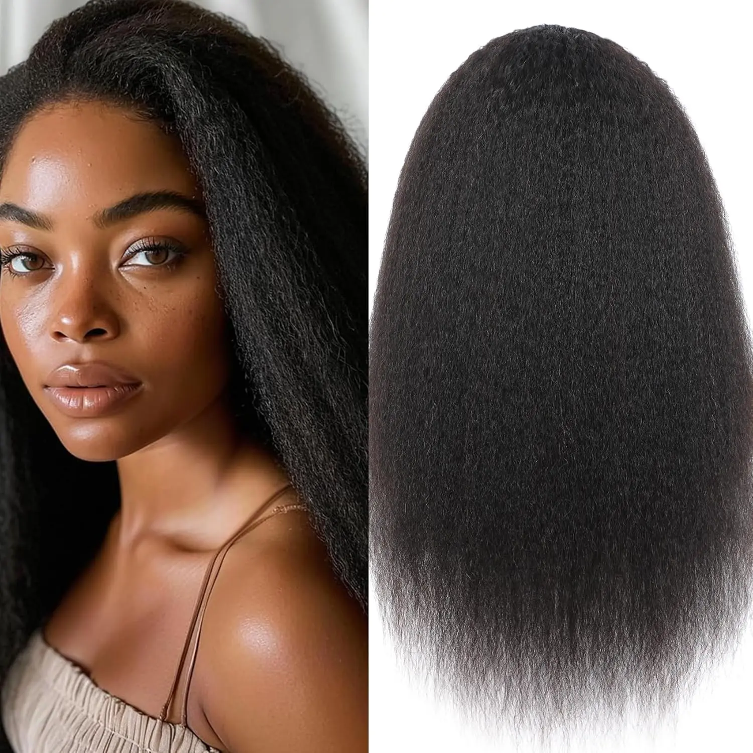 

34 Inch Kinky Straight Lace Front Human Hair Wig Skinlike Kinky Straight Yaki 13x4 HD Lace Front Wigs Human Hair 180% Density