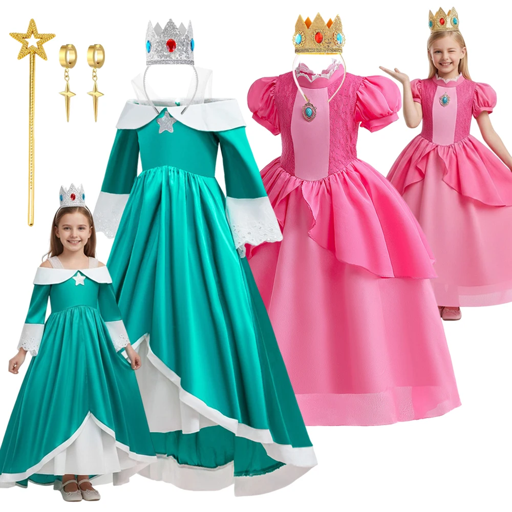 Girls New Game Movies Rosalina Peach Princess Dress Carnival Party Birthday Outfit Peach Cosplay Halloween Costume Dress
