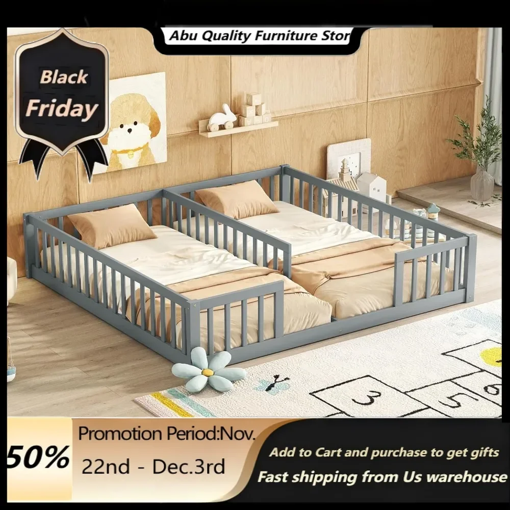 Floor Bed for 2 Kids, Montessori Bed Frame with Fence Railings,Wooden Double Twin Bed for Two Boys Girls, Box Spring Needed,Gray