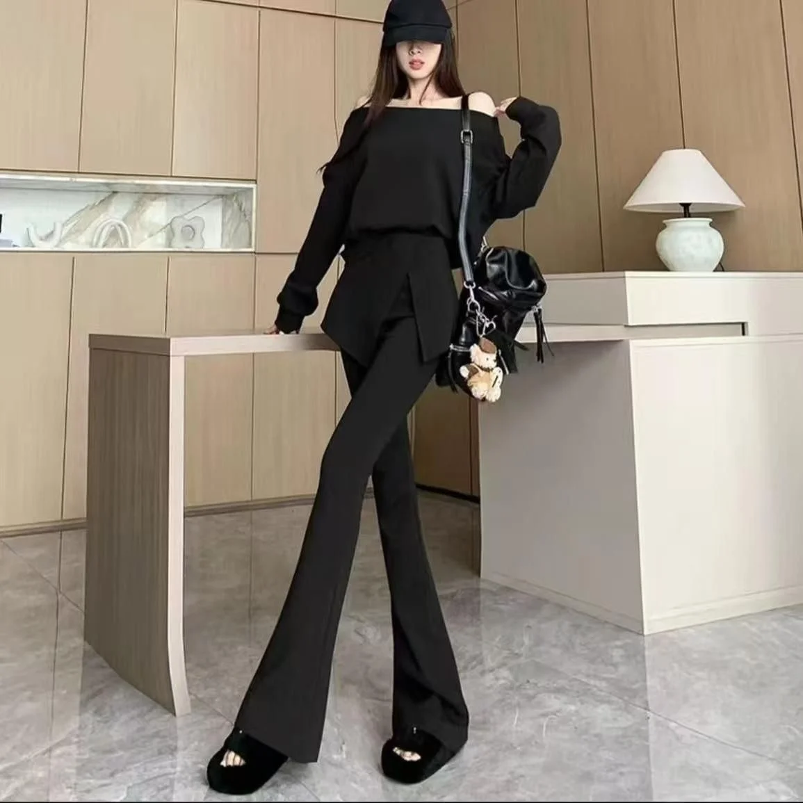 Calças bootcut kawaii feminino simples básico liso detalhe extravagante decorado embelezado bordado padrão de impressão floral listrado