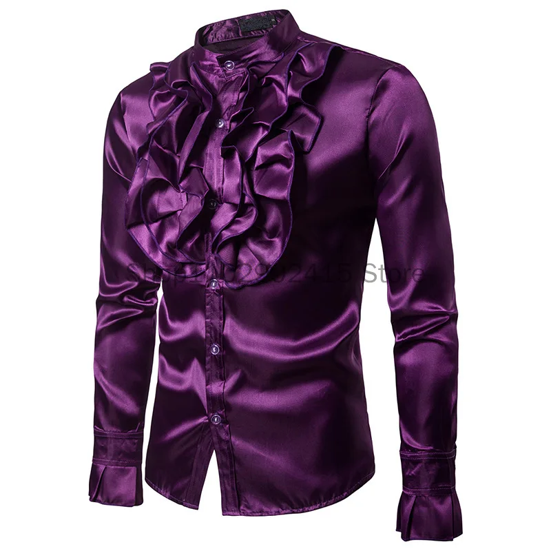 Rote Männer Satin hemd viktoria nische gekräuselte Bluse Vintage Langarm Hochzeit Smoking Hemd Knopf Slim Fit Party Camisas Masculina