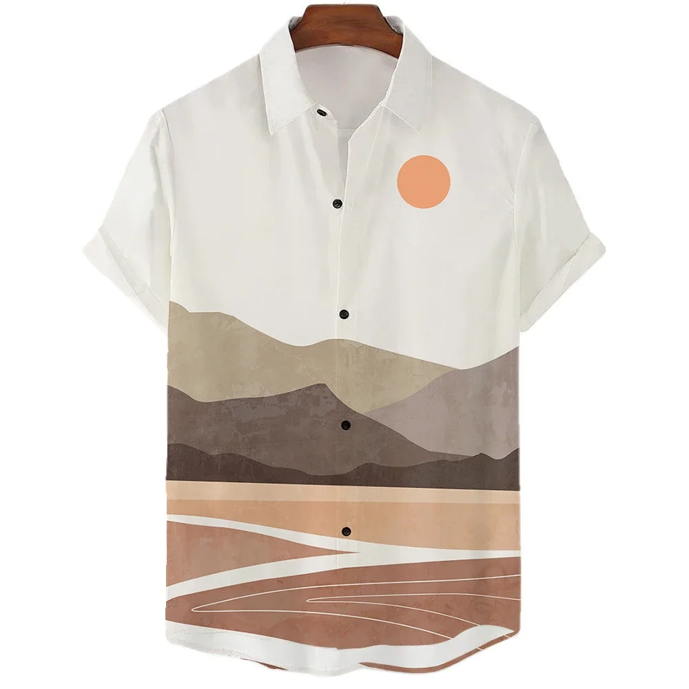 Oil Painting Texture Artist Style Printed short-sleeved Shirt Desert Sunset men's Casual Top 2023 New Comfortable Shirt