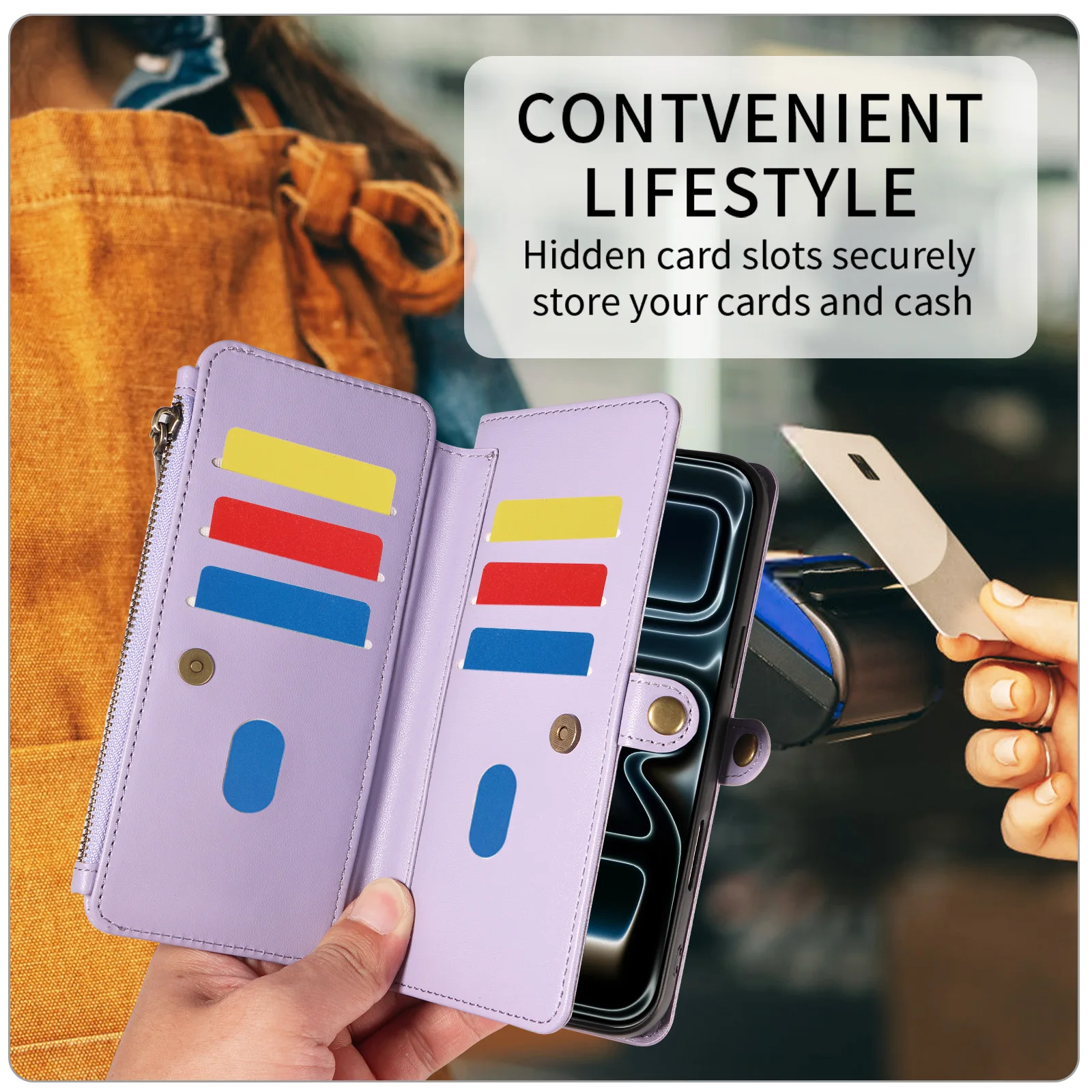 Faux Leather Phone Case for POCO M6 Pro Poco X6 Poco X3 Pro with Multi-Card Slot Kickstand & Built-in Lanyard Wallet Phone Cover view 4