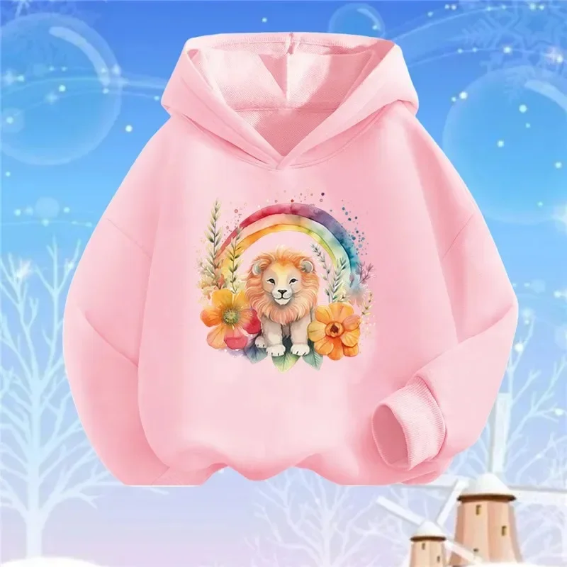 Children's pattern animal lion print hoodie, girl's Harajuku pullover, comfortable and casual top, children's hoodie top