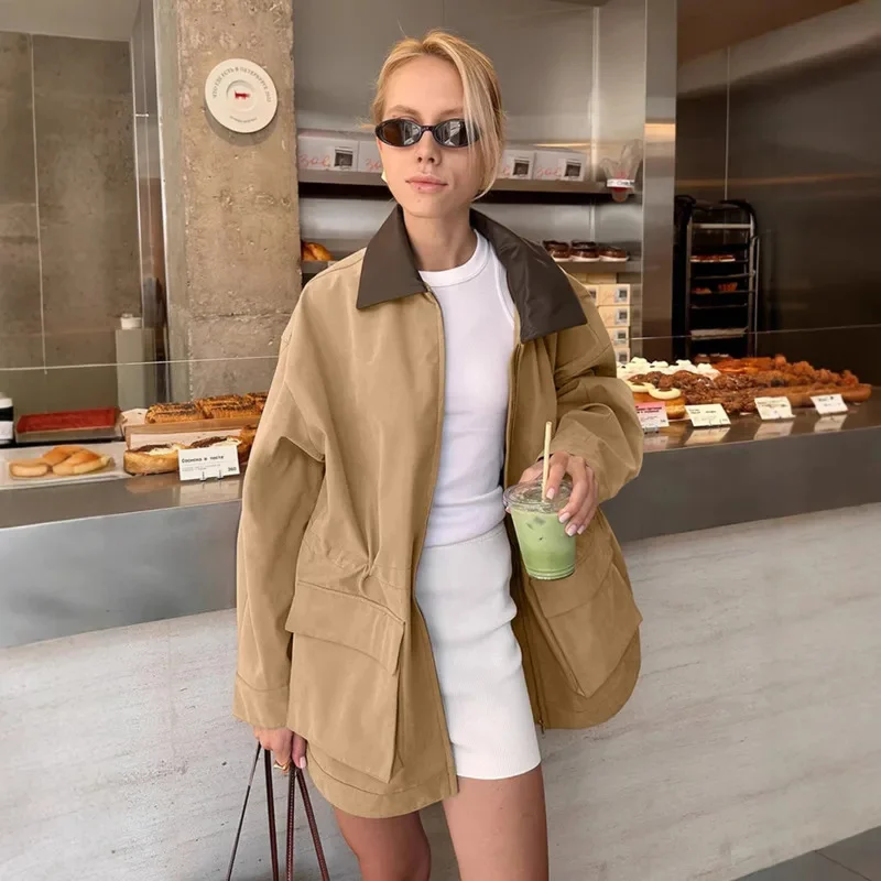 Contrast Lapel Trench Jacket For Women Casual Loose Fit Zip Up Style With Drawstring Waist Functional Pockets Urban Chic Look