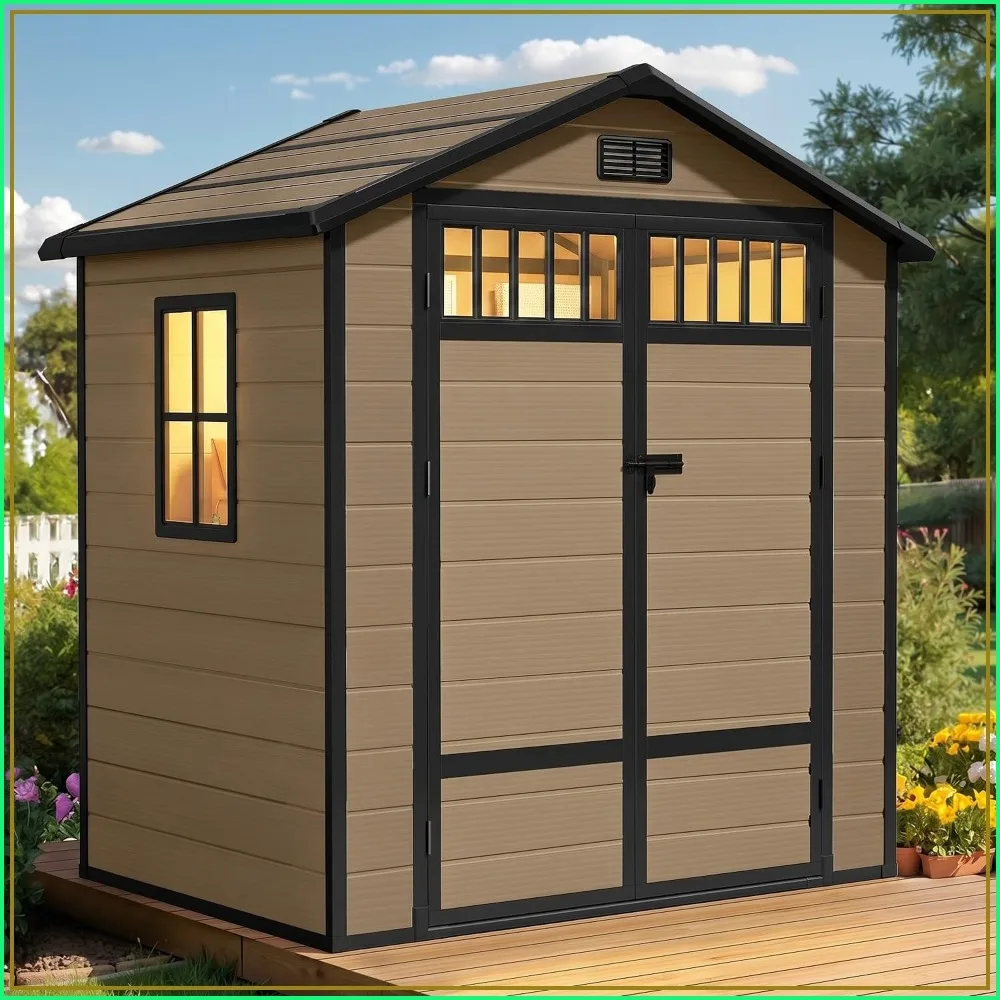 All-Weather Resin Outdoor Storage Shed with Windows Slanted Roof Raised Floor for Garden Tools
