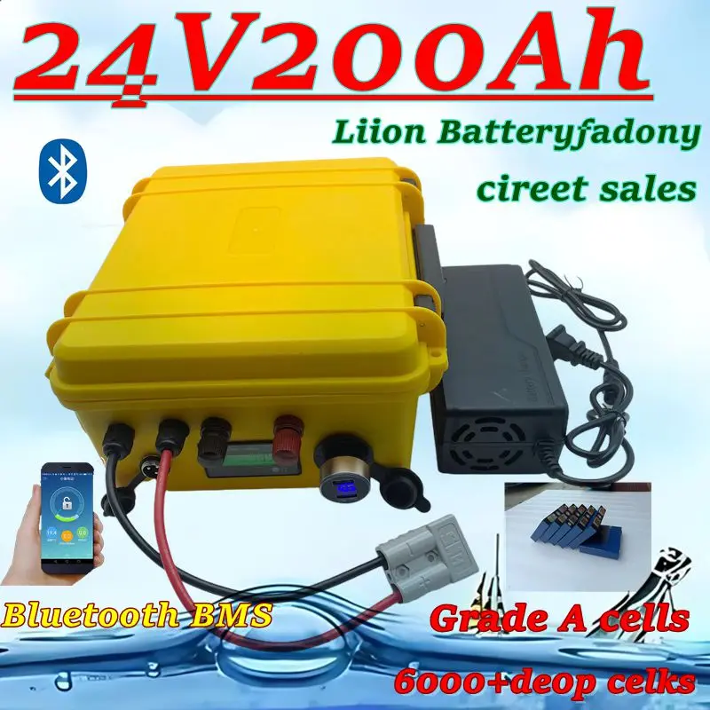 24V 200AH waterproof Lithium ion battery BMS 7s 24V li ion battery for RV Tricycle backup power van solar golf cart +20ACharg