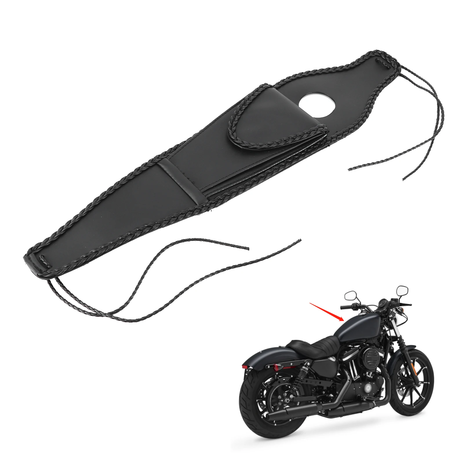 Motorrad-Tankdeckelabdeckung aus PU-Leder für Motorräder mit Beuteltasche – geflochtene Seilkante, passend für XL 883/1200/48