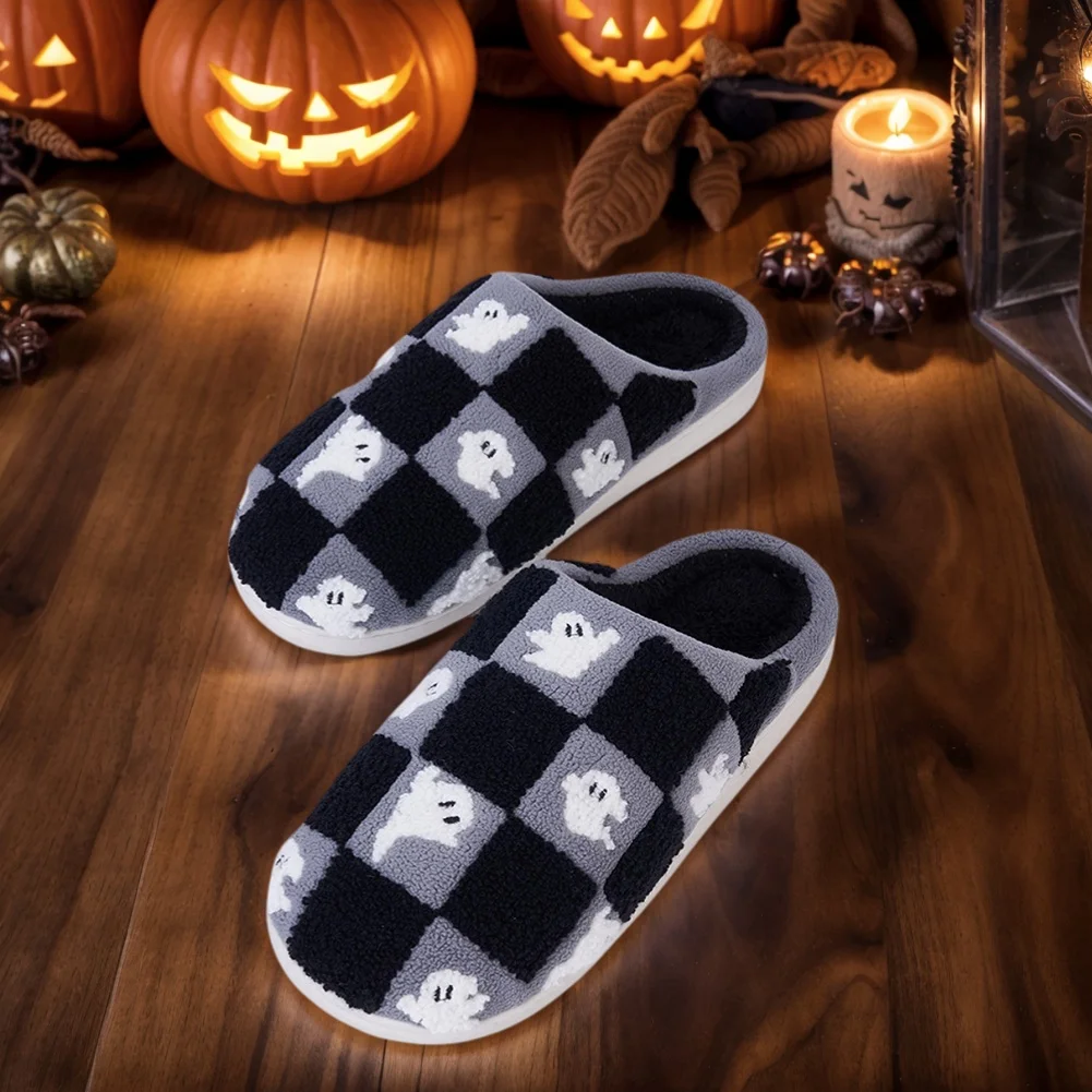 

Halloween Ghost Checkered Plush Slippers Warm Slip-on House Shoes Comfortable Fuzzy Slippers Non-Slip Autumn Winter Flat Shoes