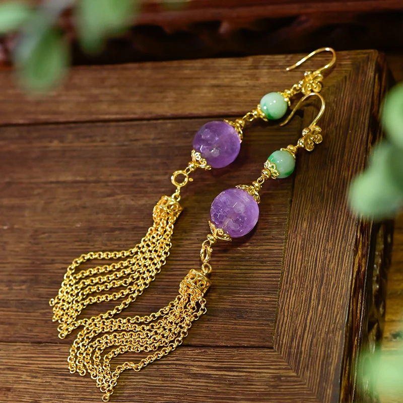 Natural Purple Jade Faceted Round Beads Long Tassel Earrings Sterling Silver Gold-plated Earrings A-grade Jadeite Earrings