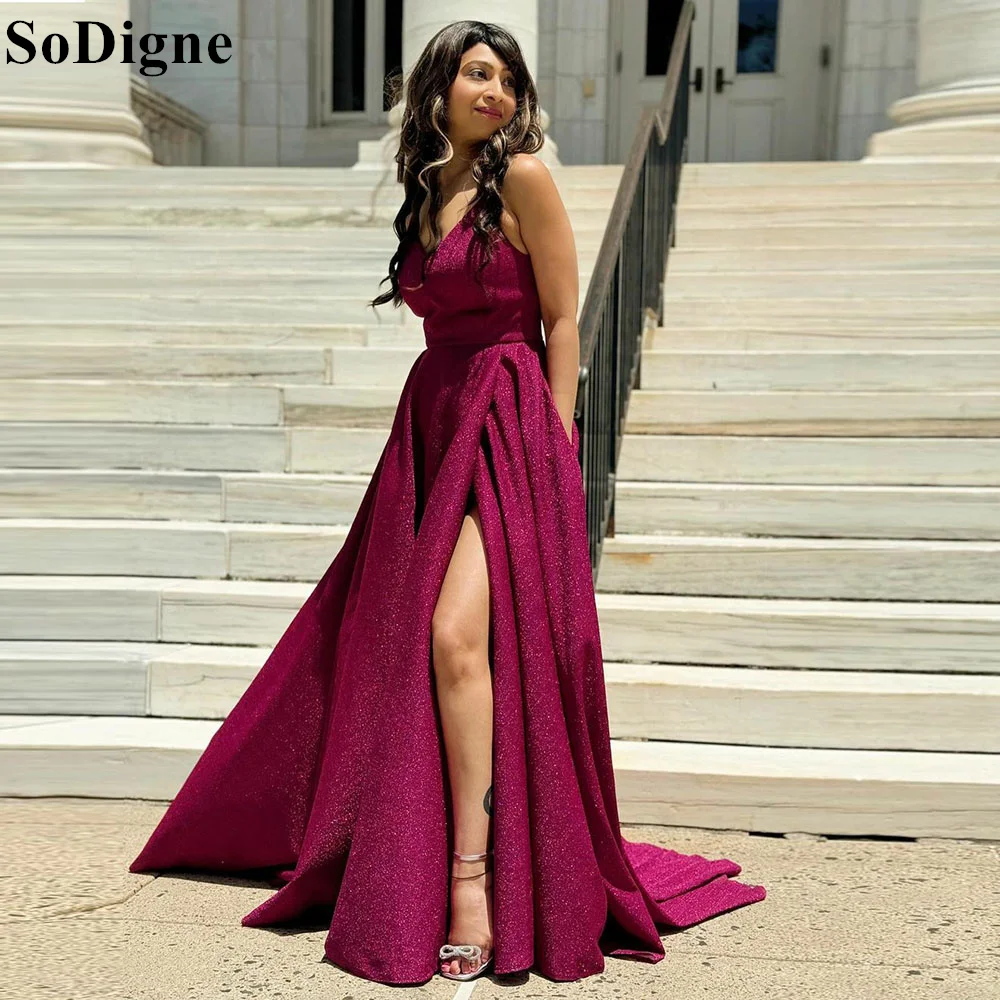 

SoDigne Glitter Spaghetti Strap Evening Dresses V-Neck High Slit Tiered 2024 Elegant Formal Prom Gown for Women Custom Size