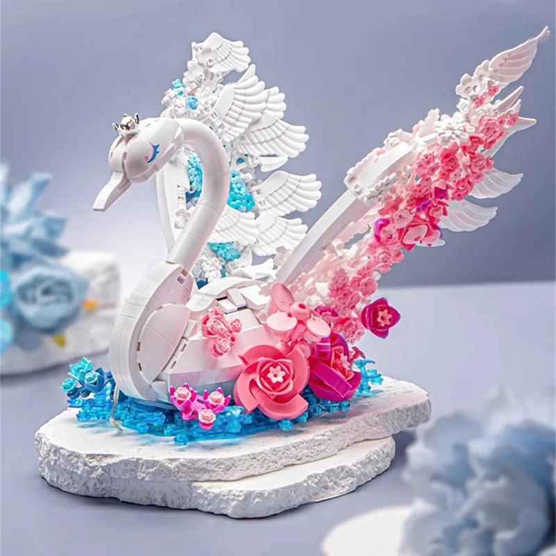 

Two-color swan building blocks Chinese Valentine's Day gift difficult assembly model childrens toys kawaii ornaments DIY figures