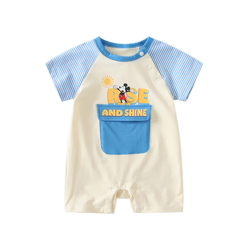 

MINISO Mickey Pocket Baby Boy Summer Short Sleeves Onesie Newborn Infant Clothes Romper Outfit 0-1 Years Bodysuits Play Wear