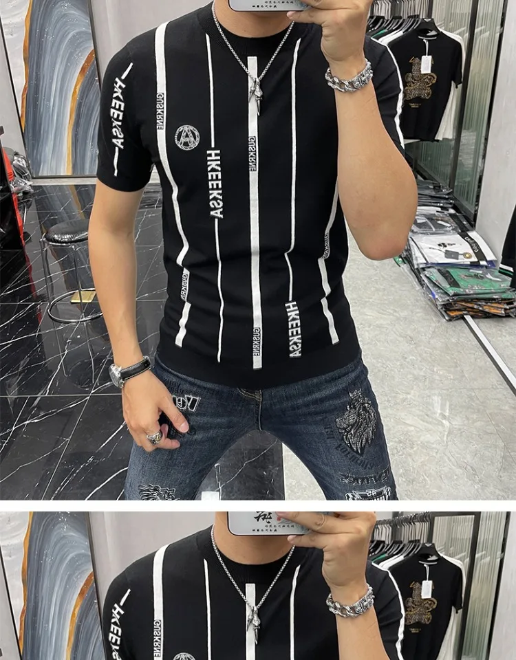 Summer Ice Men's T-shirt Stripes Floral Half Sleeve Couple Matching Top Relax Fit Short Sleeve for Youth M-4XL Men's Clothing