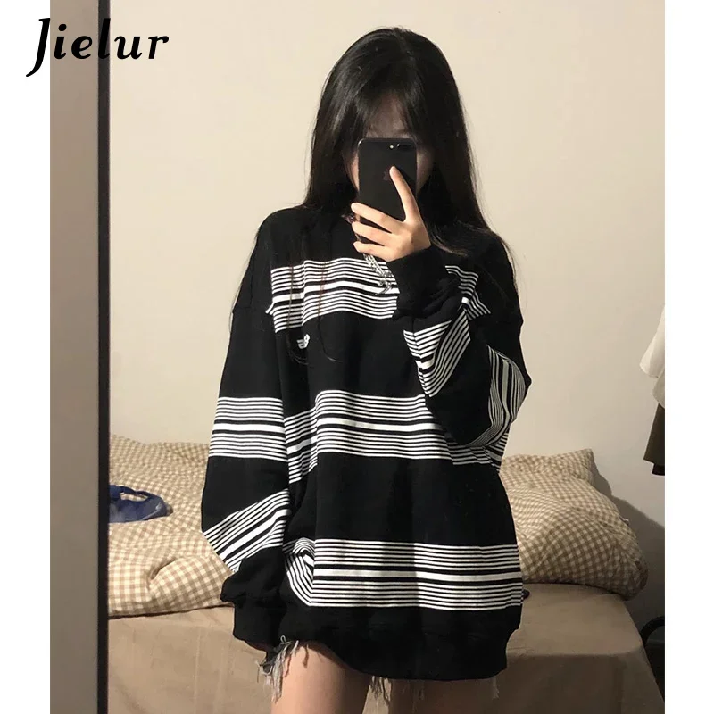 

Jielur Spring Hoodies Stripe Thin Sweatshirt Streetwear Women Harajuku Pullovers Korean Fashion Cotton Long Sleeve M-XXL Size