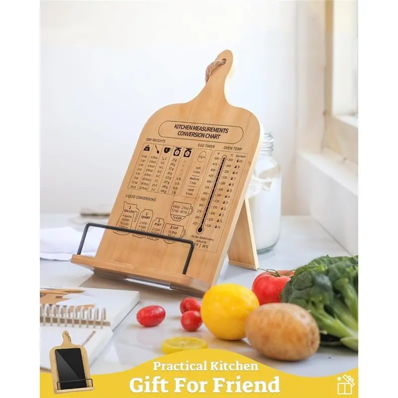 DTA4-Bamboo Cookbook Stand, Sturdy Recipe Book Holder Cookbook Holder With Measurement Conversion Chart,Cookbook Stand, 1PC