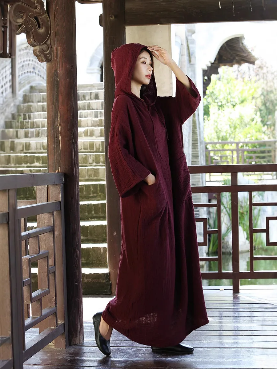 TIYIHAILEY Otoño Invierno mujeres algodón largo Maxi vestido 3/4 manga señoras Vintage negro rojo blanco grueso vestidos cálidos con capucha bolsillo