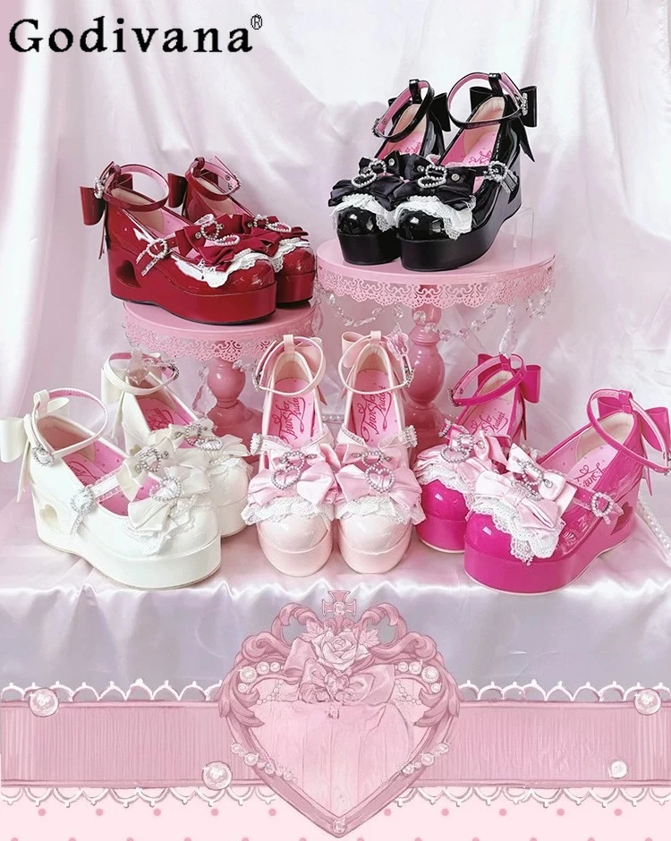 

Original Lolita High Heel Pumps Women's Sweet Elegance Kawaii Bow Mary Jane Shoes Spring Summer New Japanese Doll Platform Shoes