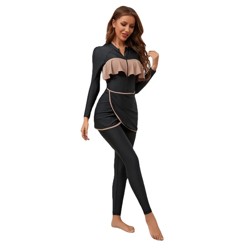 New Burkini Muslim Swimwear Women Ruffle Color Blocking Zipper One-piece Swimsuit Long Sleeve Sun Proof Trousers Conservative