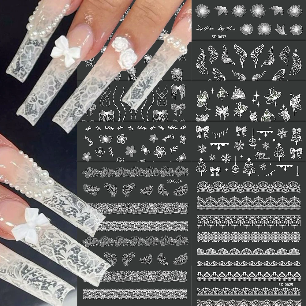 1개 화이트 레이스 5D 네일 아트 스티커 속이 빈 꽃잎 눈송이 나비 우아한 프렌치 스타일 데칼 네일 아트 장식