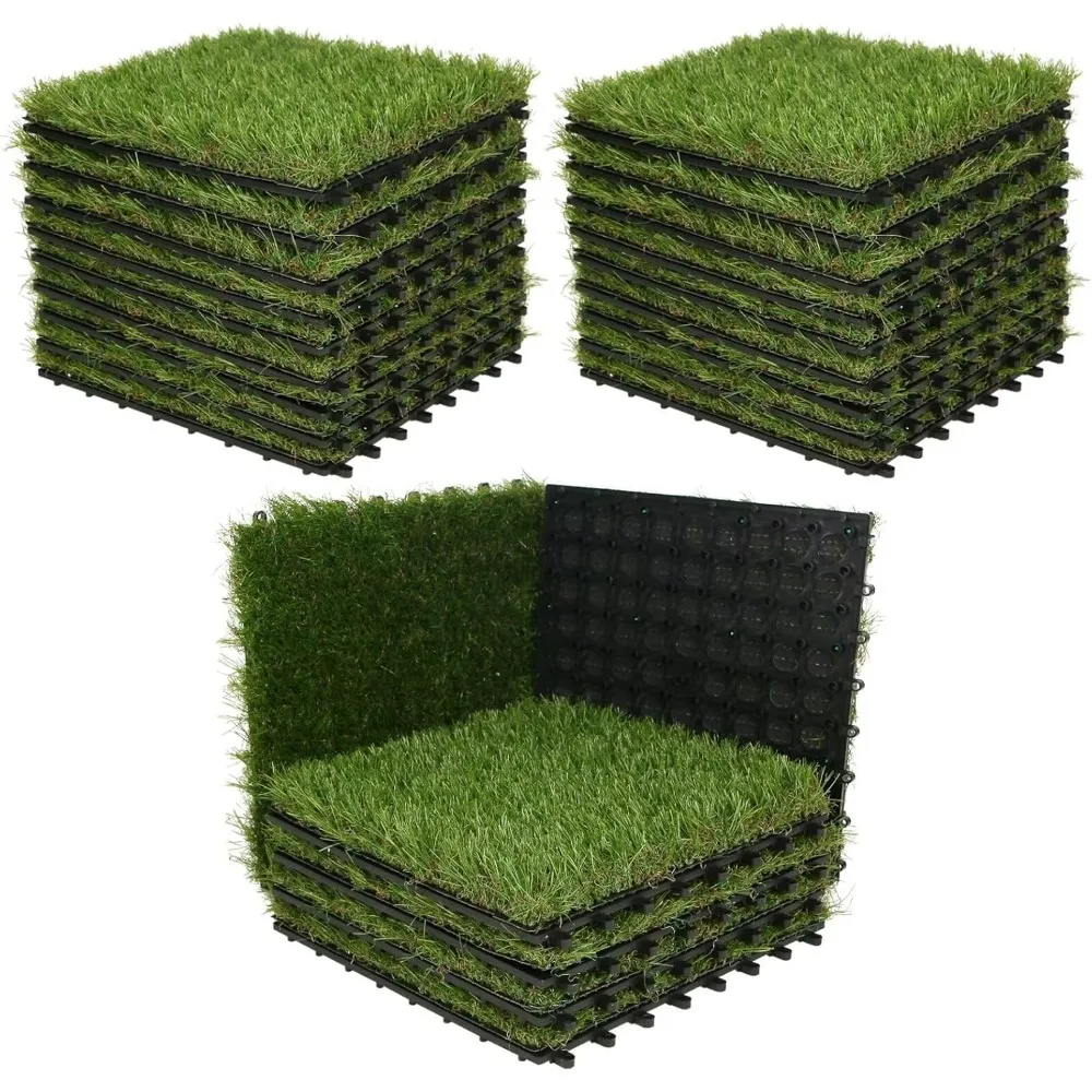 Artificial Grass Turf Tiles Interlocking Set 27 Pieces,Square Fake Grass Tiles Self-draining for Pet Indoor， Flooring Decor