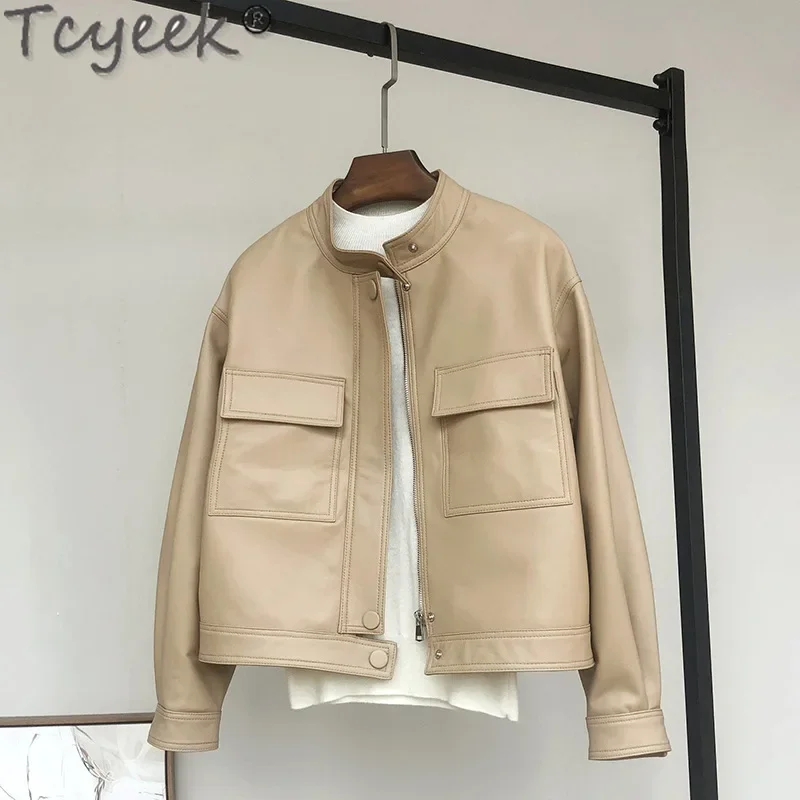 Tcyeek Genuine Leather Jacket Women Fashion Real Sheepskin Coat Stand Collar Women's LeatherJackets Spring Autumn Clothes 2024