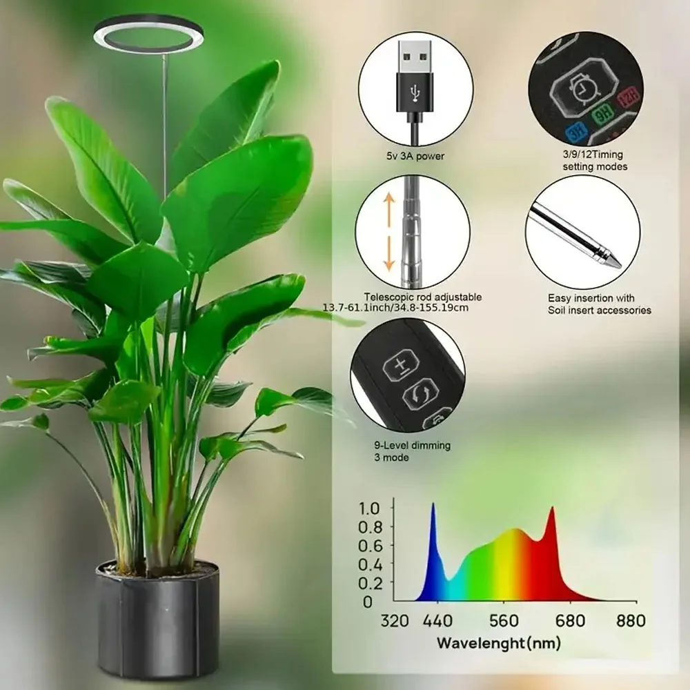 Plant growth light, full spectrum LED indoor plant lighting, height adjustable with automatic switch timer for 3/9/12 hours