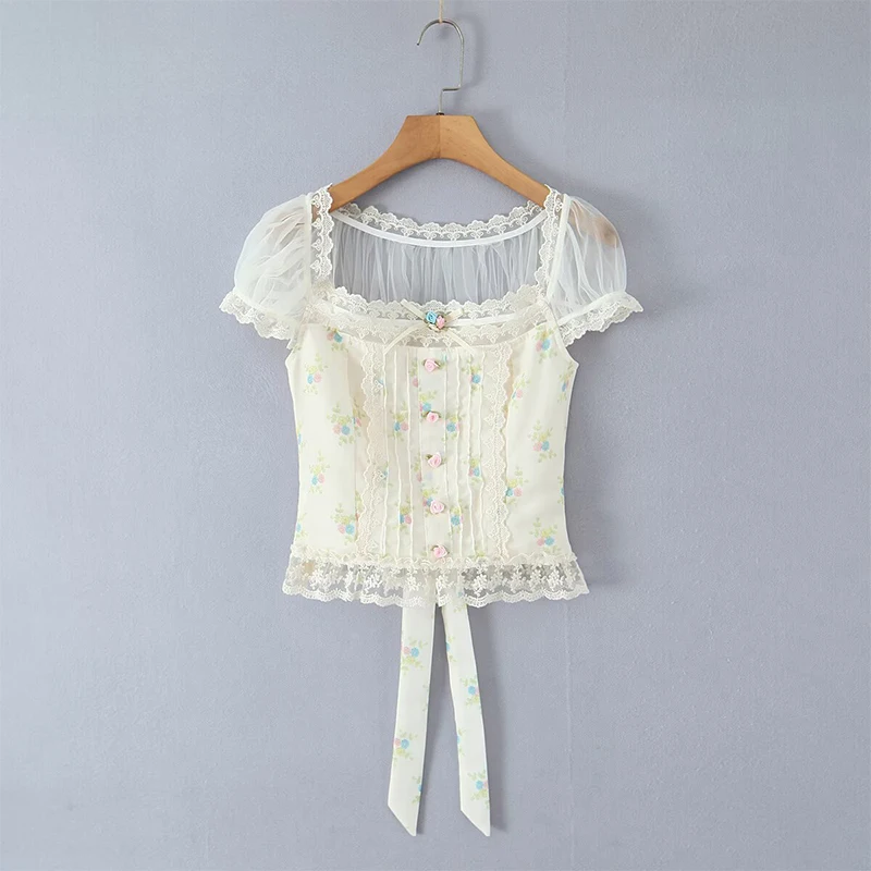 

Pretty Girl Mesh Patchwork Floral Print T Shirt Women Short Sleeve Holiday Summer Sweet Crop Top