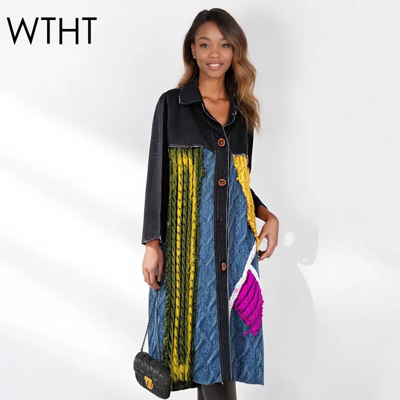 

WTHT Fashion Women's Irregular Knit Patchwork Design Loose Long Jacket 2025 Winter Trendy Lapel Casual Coat Female 1LS2684