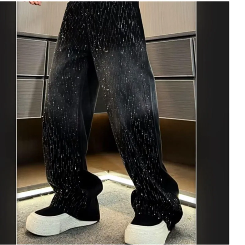 2026 Autumn New Retro Casual Gradient Color blocked Shiny hot Stamping design Jeans High waist Straight leg Wide leg Pants
