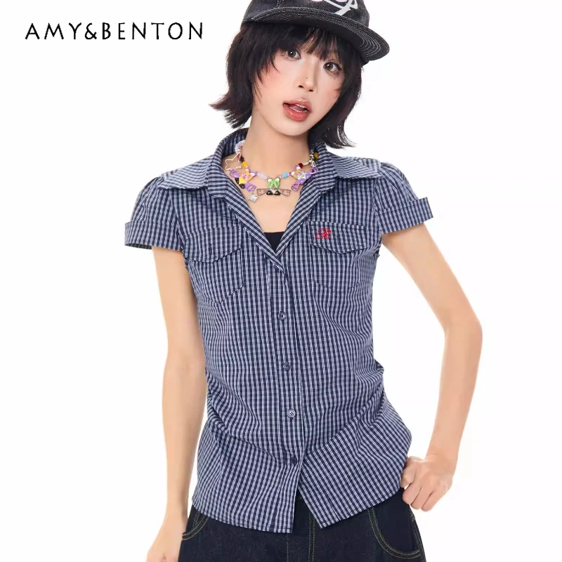 

Korean Style Plaid Waist-cinching Short-sleeve Women's Shirt 2026 Spring Summer New Sweet Cool Y2k Slimming Short Shirts Ladies