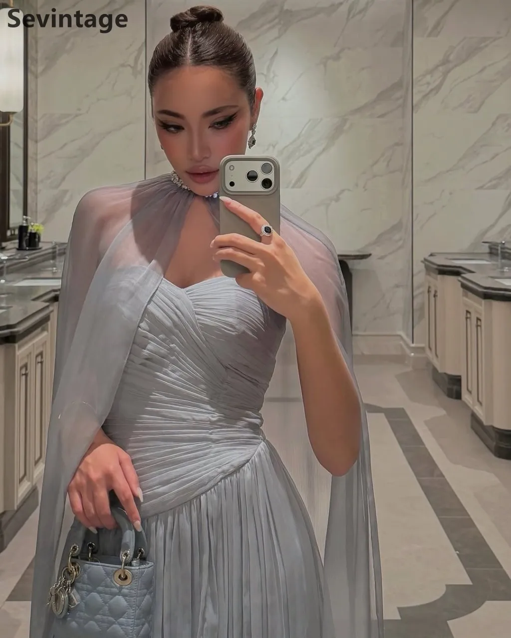 Sevintage 2025 abito da sera maxi pieghettato senza spalline in chiffon di seta abito da ballo formale per festa di nozze abito da festa Dubai personalizzato