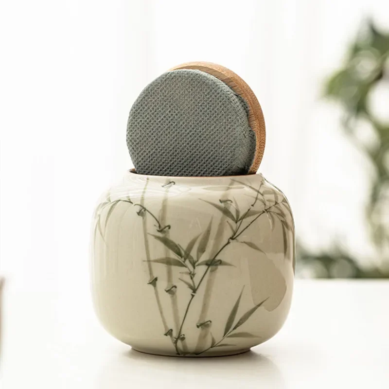 Chinese Ceramic Tea Caddy Hand-painted Bamboo Leaf Tea Jar Travel Tea Bag Tieguanyin Sealed Container Storage Tank Teaware