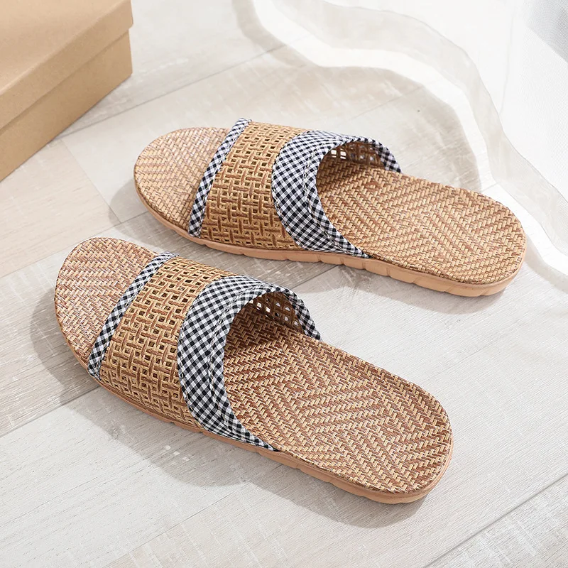 Mn Women Fashion Butterfly Knot Slip On Slides Indoor Home Slippers Shoes Summer Straw Beach Slippers Female Linen Flip Flops