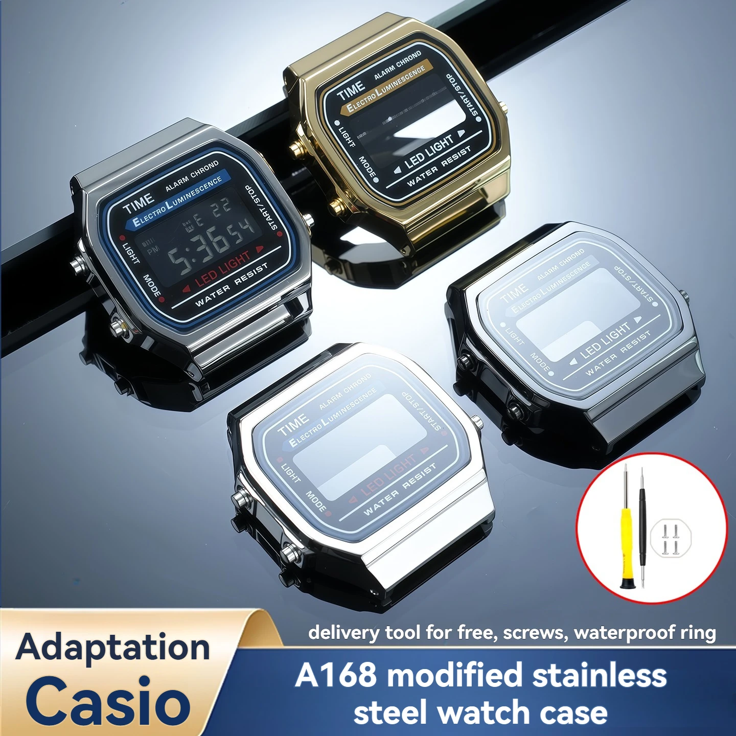Kit de modificación de alta calidad, fabricado en acero inoxidable macizo, compatible con los modelos Casio A168WA y A168 3298. Incluye caja y correa de metal, y es un accesorio para mejorar el reloj.