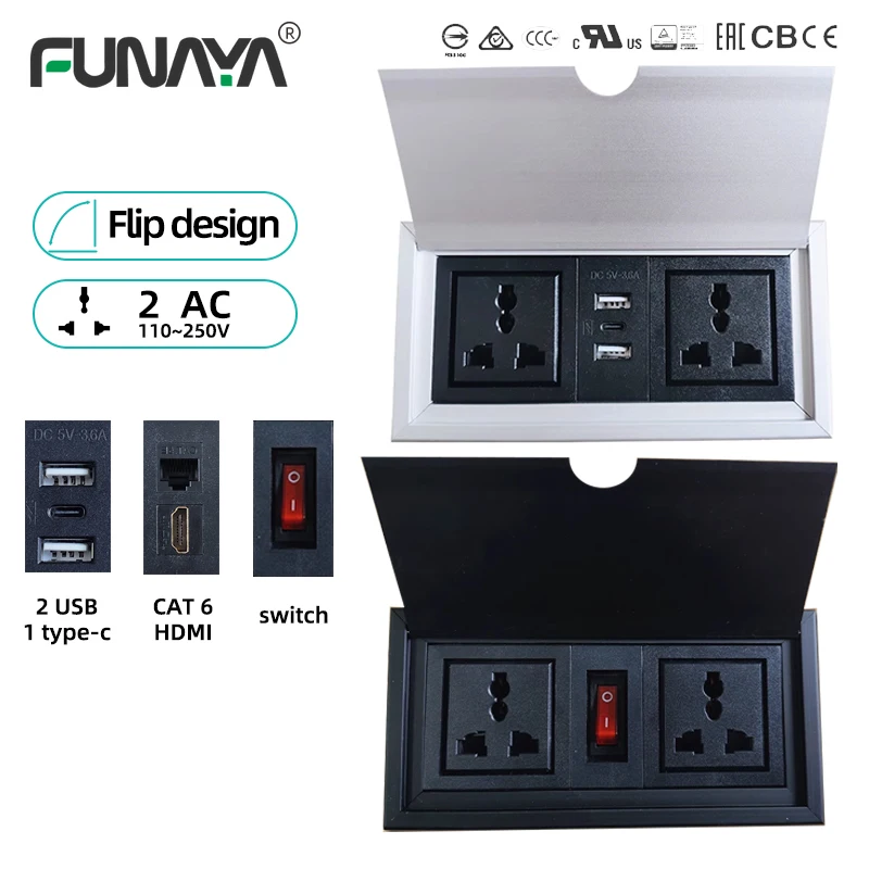 

FUNAYA Built-in Desktop Socket Universal EU US AU UK Plug with CAT6 HDMI USB Type-c PD18W Alloy Embedded Furniture Flip Outlets