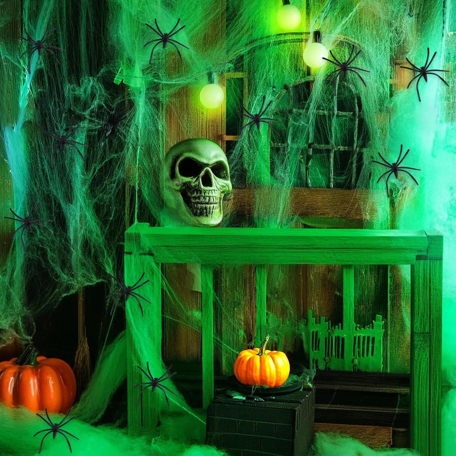 Vintage Halloween Fluoreszierende Spinnweben Leuchtende Spinnweben im Dunkeln Halloween-Spinnennetz Outdoor-Garten Horror Spukhaus-Dekorationen – Detail 2