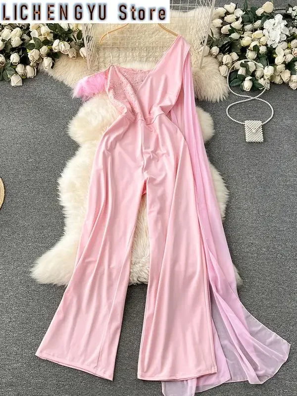 

New Sweet Style Chic Jumpsuit Women Slash Neck Strapless Patchwork High Waist Fashion Jumpsuits Winter Spring