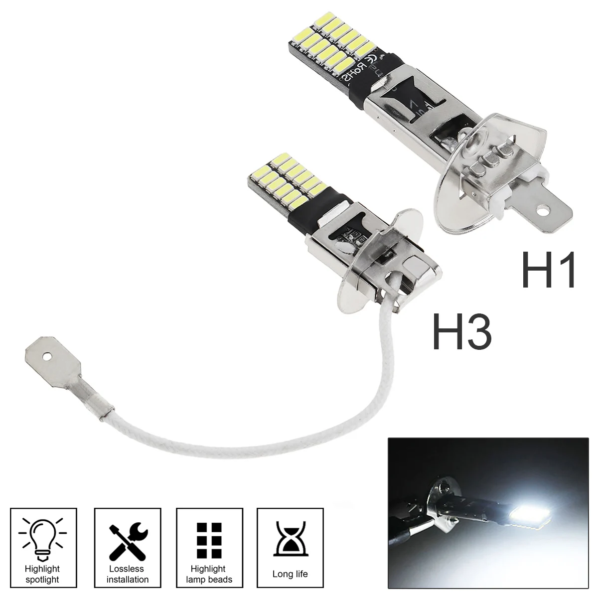 

1pc H1 H3 5W Canbus LED Bulb Car Fog Light Headlight 4014 24SMD 12V Running Light Motorcyce Lamp for car