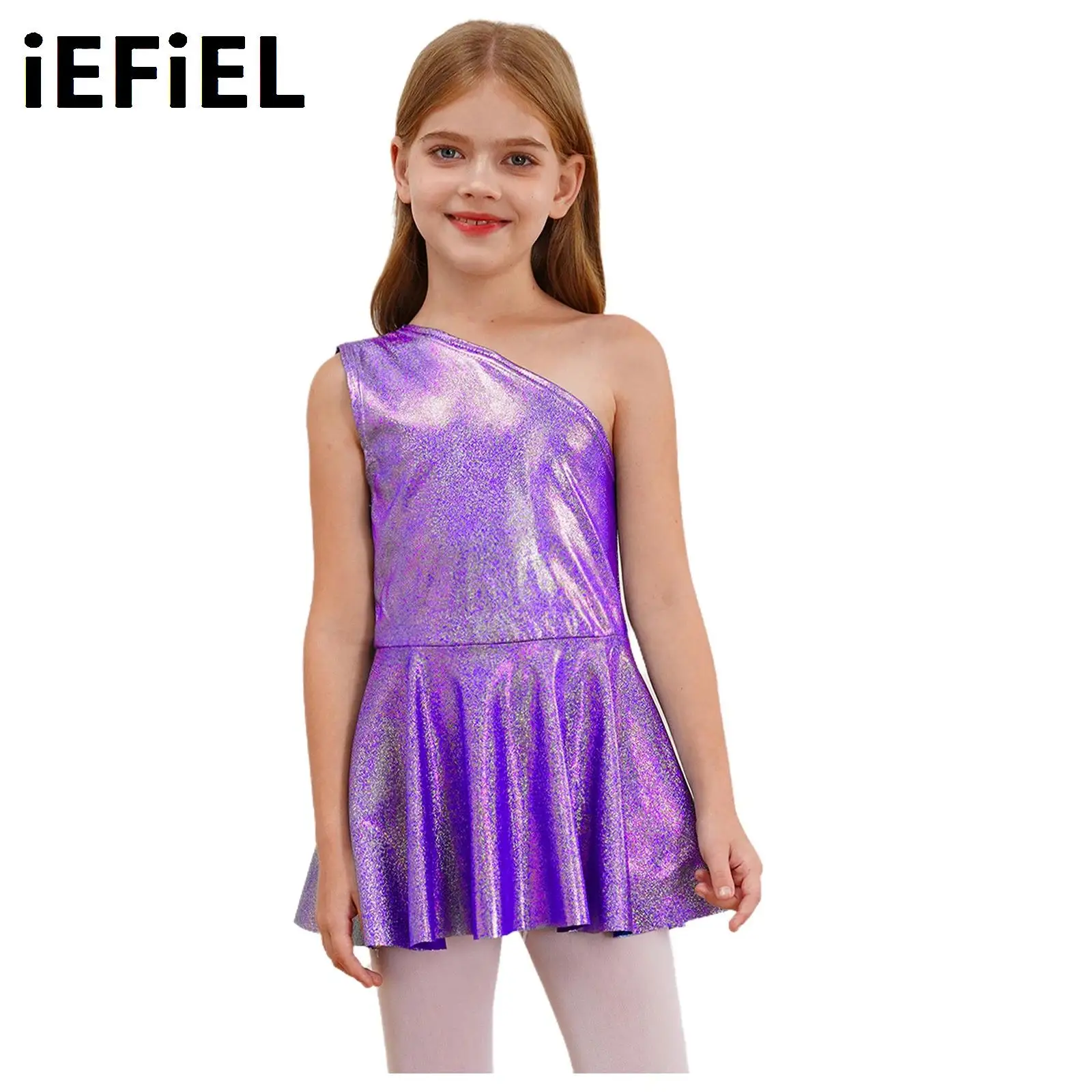 

Kids Girls Jazz Dress Metallic One Shoulder Sleeveless Dancewear for Dance Cheerleading Performance