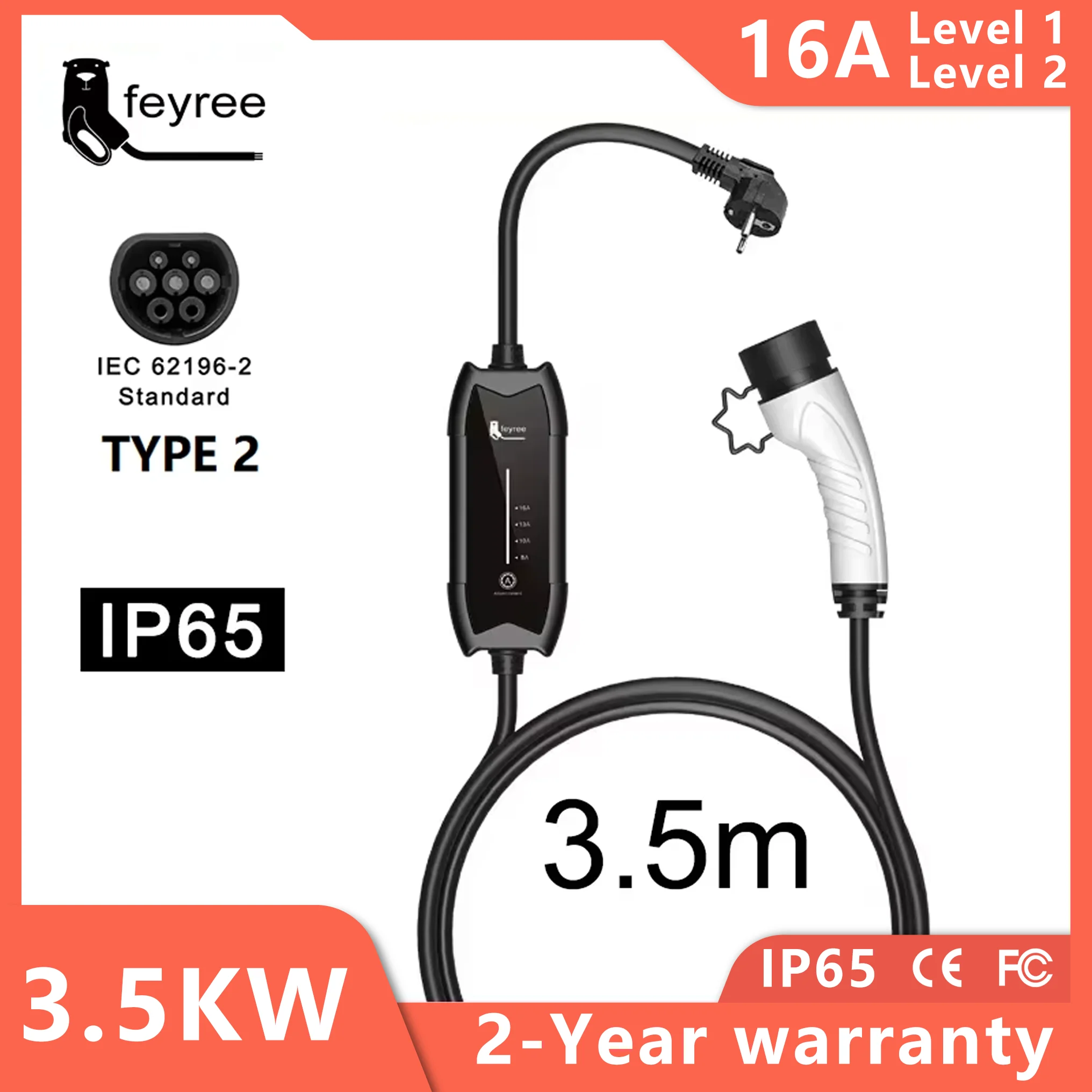 feyree EV Portable Charger Type2 / GB/T Plug 16A 3.5KW 1Phase Type1 3.5m Charging Box Current Adjustable for Electric Vehicle